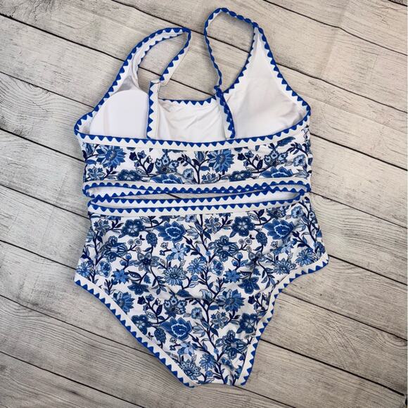 Herseas NEW Blue & White Floral 2 Piece Bikini Set Scoop Neck High Waist Large - Picture 9 of 10